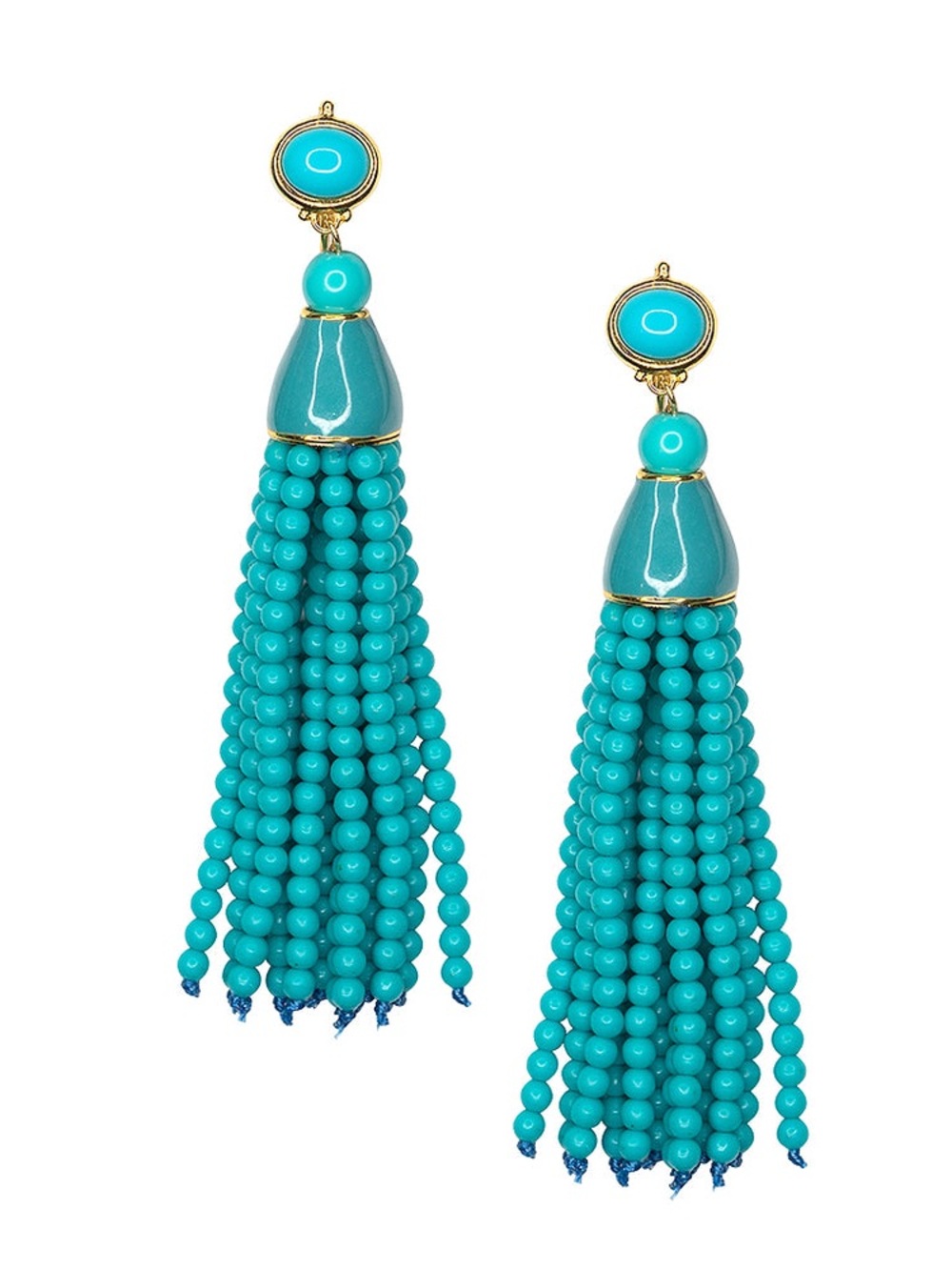 Kenneth Jay Lane Turquoise Blue Long Beaded Tassel Statement Earrings